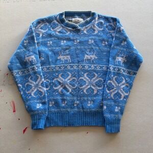 Vintage 90s Alps Merrimac Valley Wool Reindeer Sweater Blue